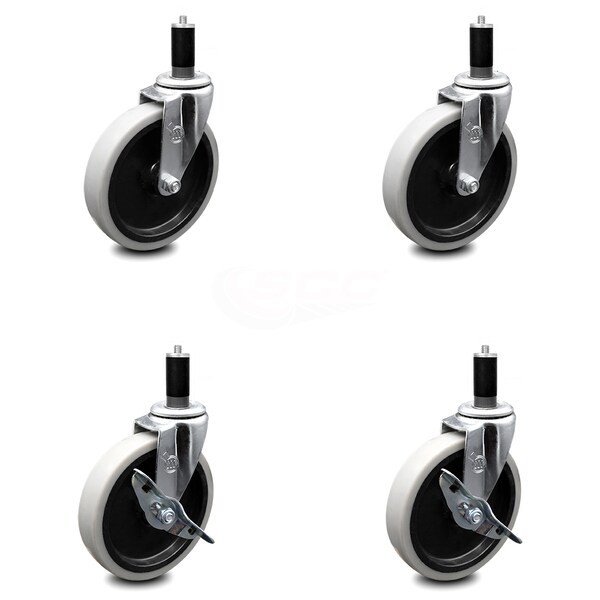 5 Inch Thermoplastic Wheel 1-1/5 Inch Expanding Stem Caster Set with 2 Brakes